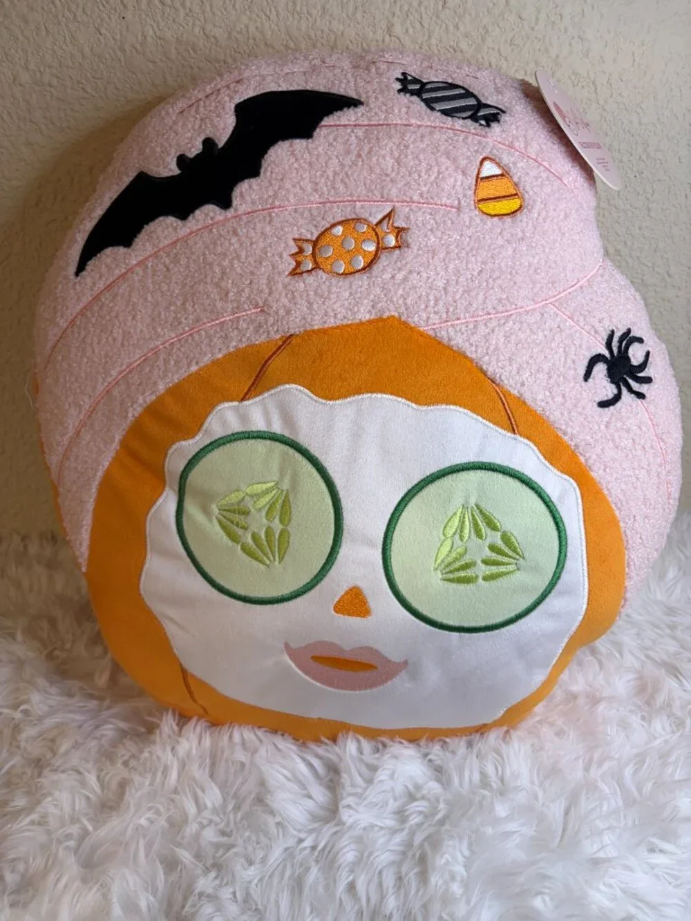 Gal-O-Ween Spa Day Halloween Decorative Throw Pillow Pink Pumpkin NWT